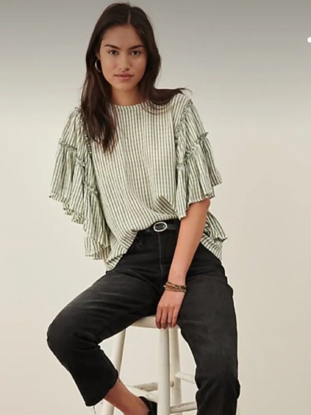 Anthropologie Green and White Striped Ruffle-Sleeve Blouse